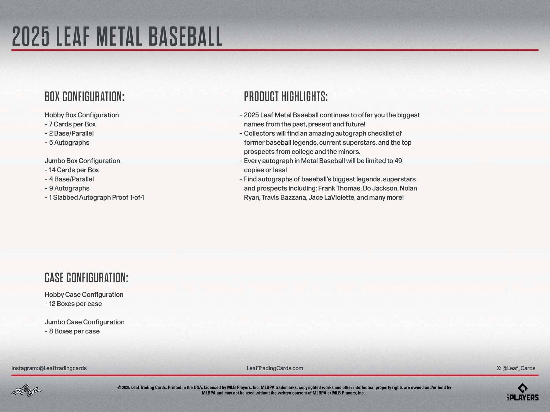 Jumbo 2025 Leaf Metal Baseball Hobby Box (9 Autos) - MLB Hobby Box