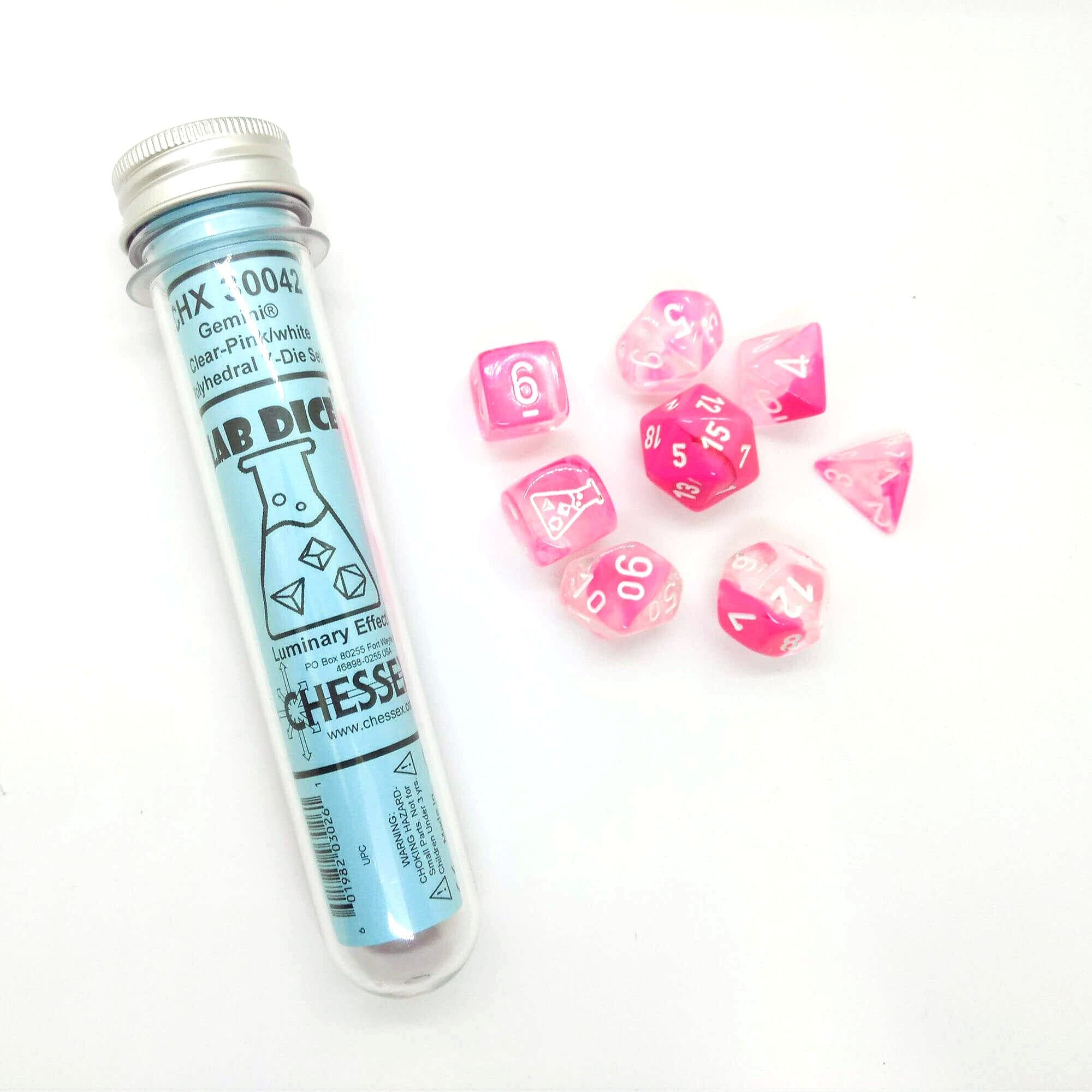 Lab Dice Gemini Clear-Pink/white Polyhedral 7-Die Set CHX30042 - Dice Sets & Games
