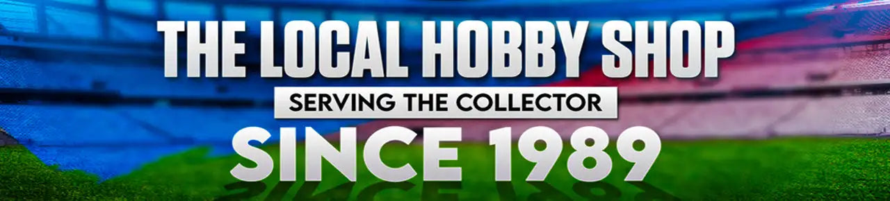 The local hobby shop logo, featuring bold white text with a black outline on a vibrant background of blue and green stadium seating.