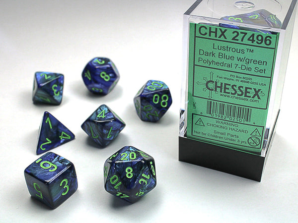 Lustrous: Polyhedral Dark Blue w/green 7-Die Set CHX27496 - Dice Sets & Games