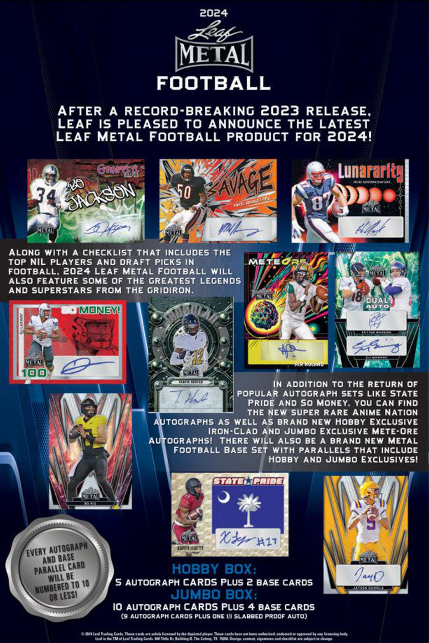 2024 Leaf Metal Football Hobby Jumbo Box (9 Autographs + One 1/1 Slabbed Proof Autograph)