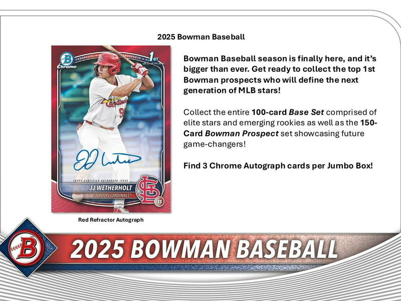 MAY 7TH / One 2025 Bowman Baseball Hobby Jumbo Pack (28 Cards) Pulled Randomly from Hobby Box