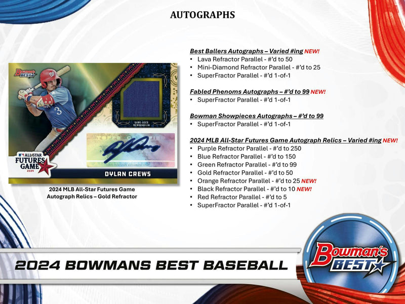 ONE PACK of 2024 Bowman's Best Baseball Hobby (12 Packs and 4 Autos per Box)