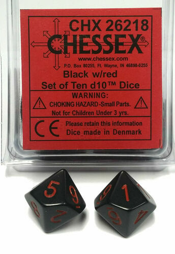 Opaque Black/red d10 Dice (10 dice) CHX26218 - Dice Sets & Games