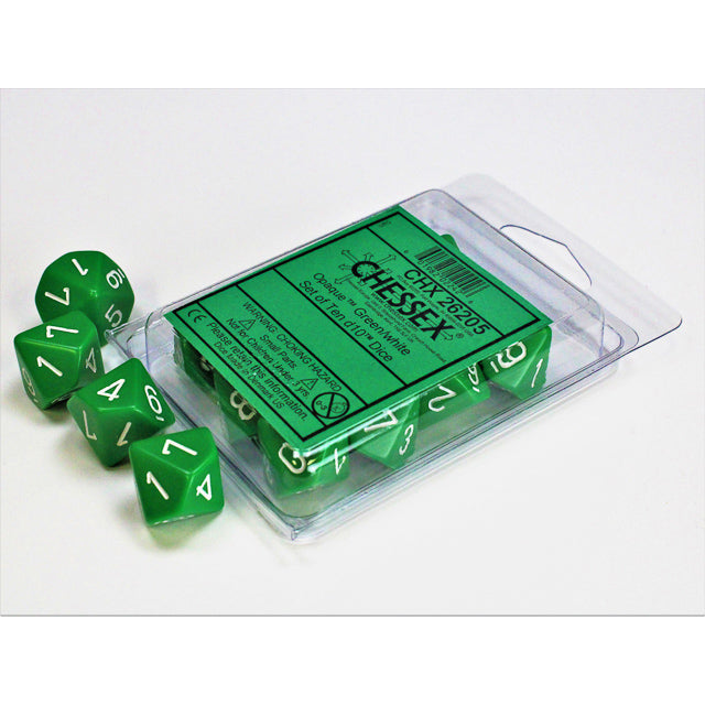 Opaque Green/White d10 Dice (10 dice) CHX26205 - Dice Sets & Games