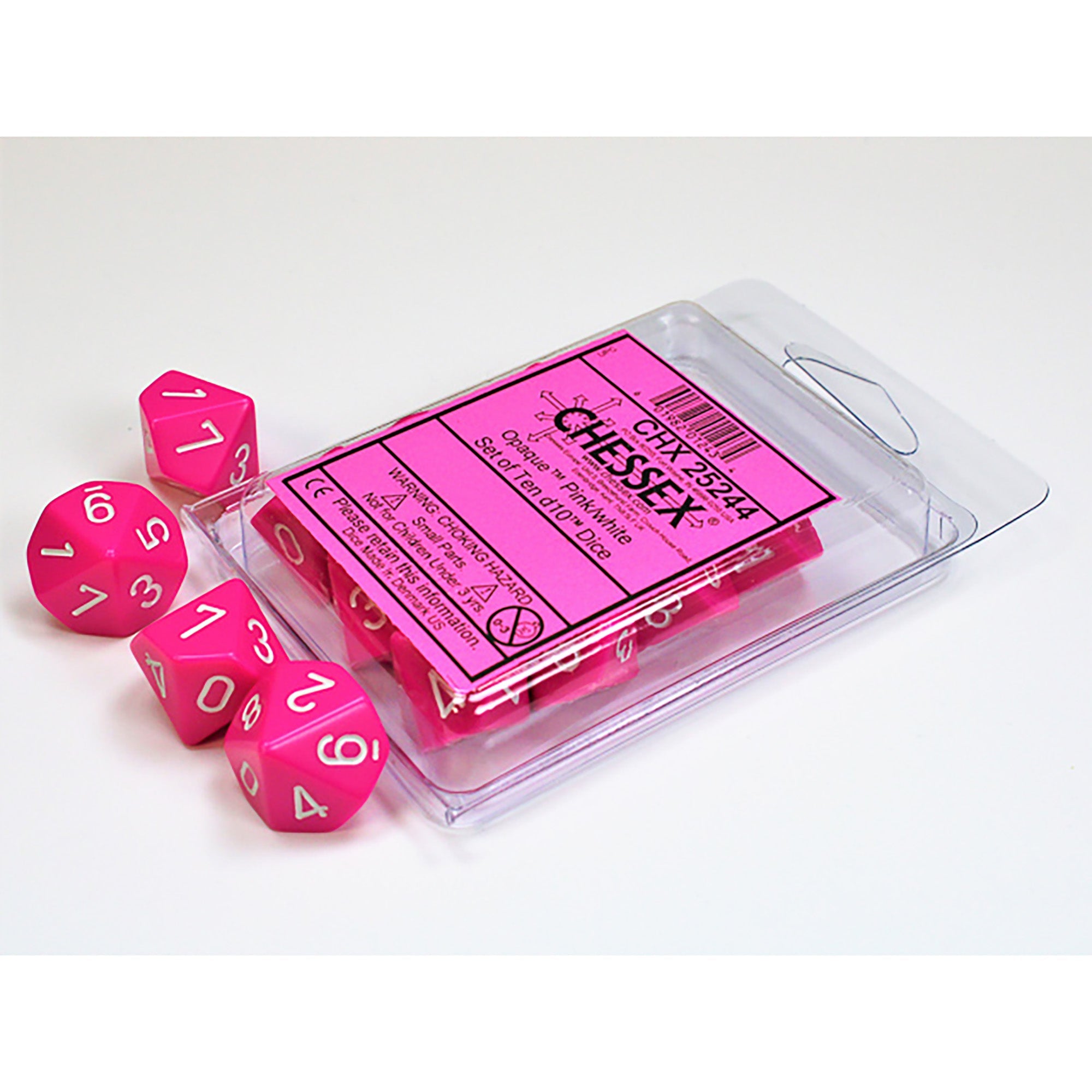 Opaque Pink/white d10 Dice (10 dice) CHX25244 - Dice Sets & Games