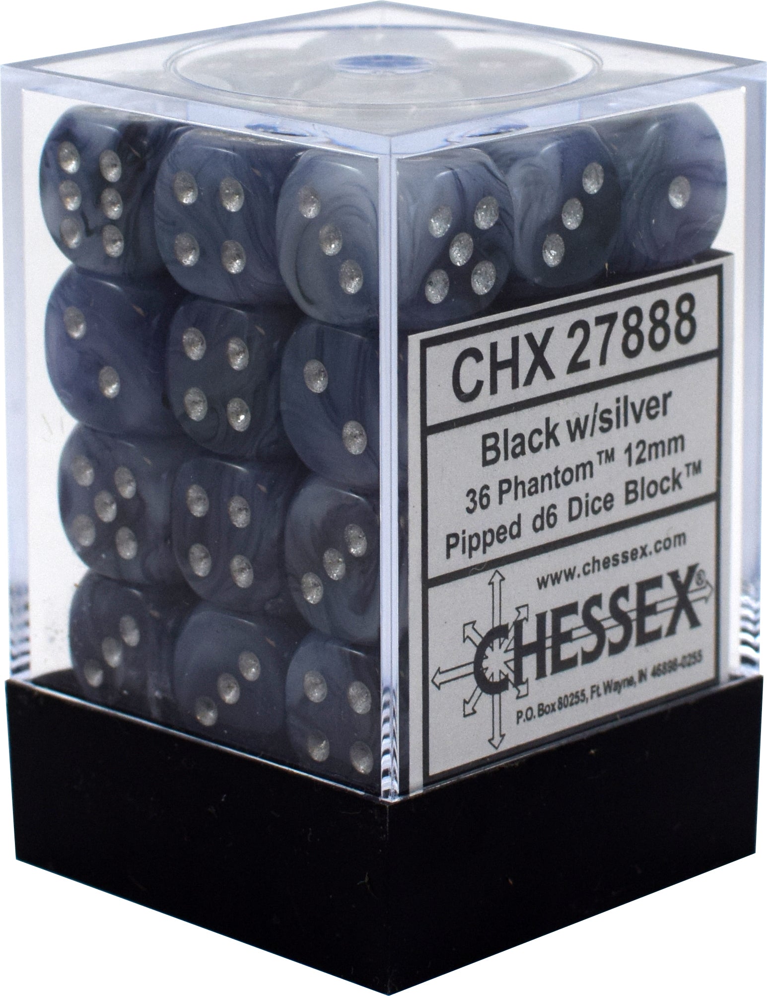 Phantom 12mm d6 Black w/silver Dice Block (36 dice) CHX27888 - Dice Sets & Games