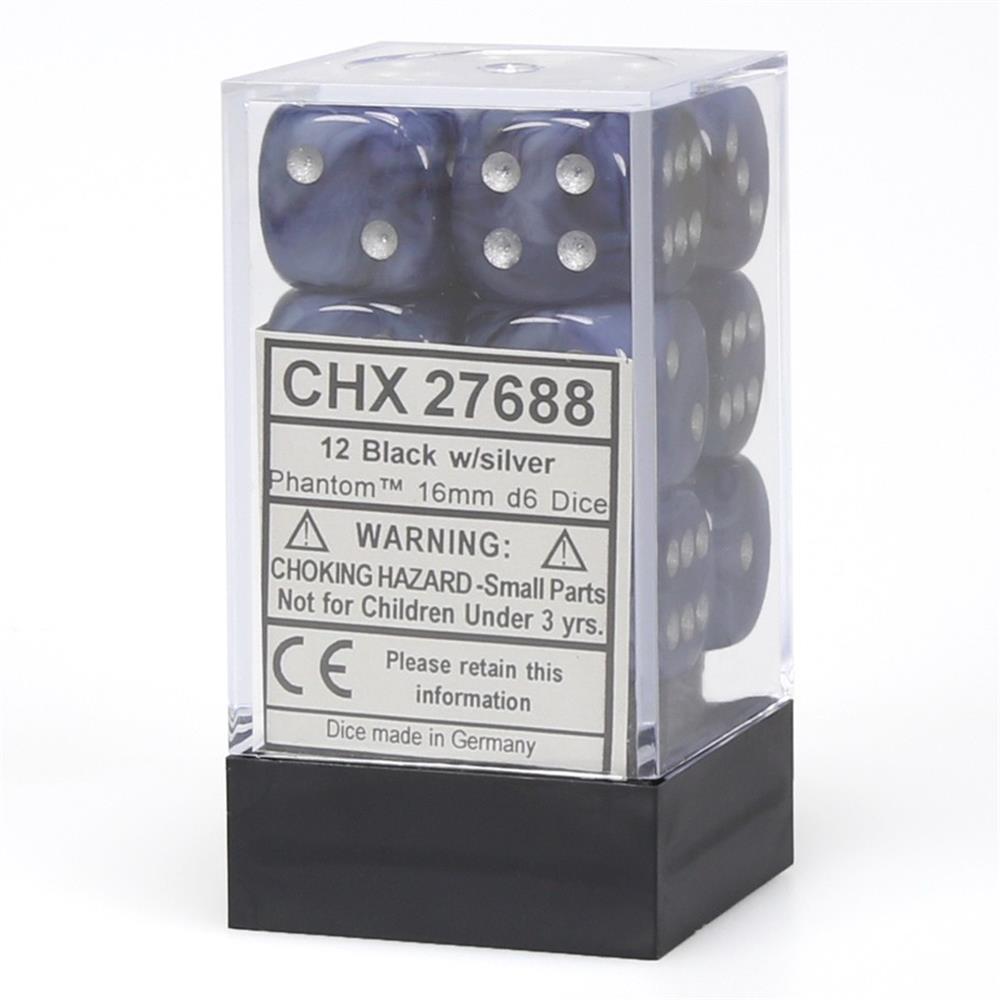 Phantom 16mm d6 Black/silver Dice Block (12 dice) CHX27688 - Dice Sets & Games
