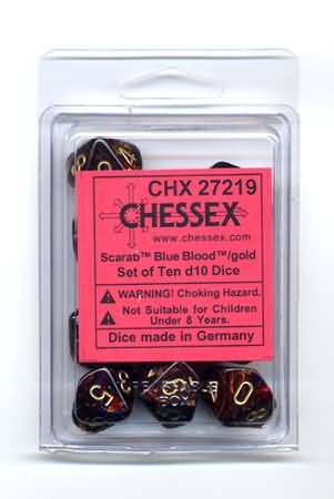 Scarab Blue Blood/gold d10 Dice (10 dice) CHX27219 - Dice Sets & Games