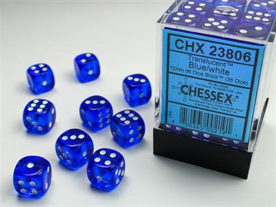 Translucent 12mm d6 Blue/white Dice Block (36 dice) CHX23806 - Dice Sets & Games