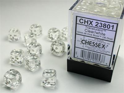 Translucent 12mm d6 Clear/white Dice Block (36 dice) CHX23801 - Dice Sets & Games