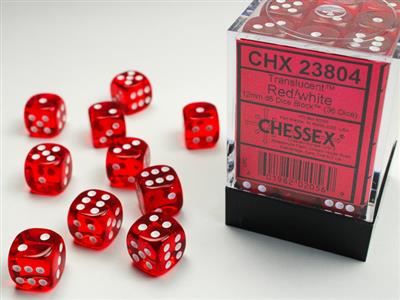 Translucent 12mm d6 Red/white Dice Block (36 dice) CHX23804 - Dice Sets & Games
