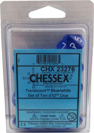 Translucent Blue/white d10 Dice (10 dice) CHX23276 - Dice Sets & Games