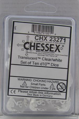 Translucent Clear/white d10 Dice (10 dice) CHX23271 - Dice Sets & Games