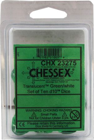 Translucent Green/white d10 Dice (10 dice) CHX23275 - Dice Sets & Games