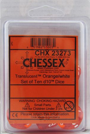 Translucent Orange/white d10 Dice (10 dice) CHX23273 - Dice Sets & Games