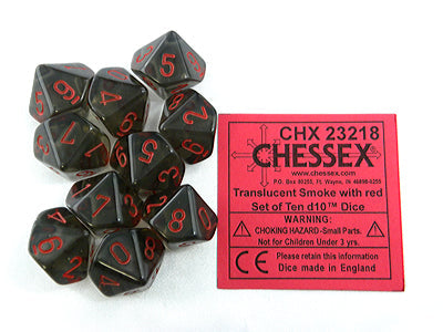 Translucent Smoke with red d10 Dice (10 dice) CHX23218 - Dice Sets & Games