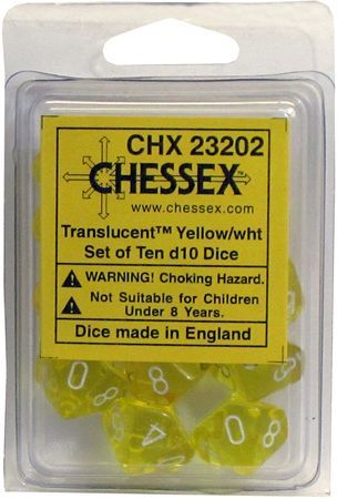 Translucent Yellow w/white d10 Dice (10 dice) CHX23202 - Dice Sets & Games