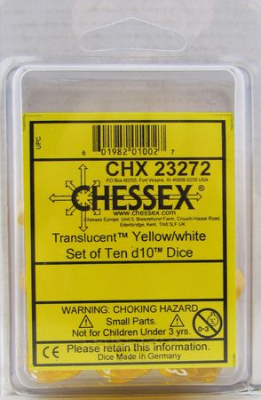 Translucent Yellow/white d10 Dice (10 dice) CHX23272 - Dice Sets & Games