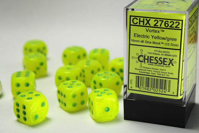 Vortex 16mm d6 Electric Yellow/green Dice Block (12 dice) CHX27622 - Dice Sets & Games