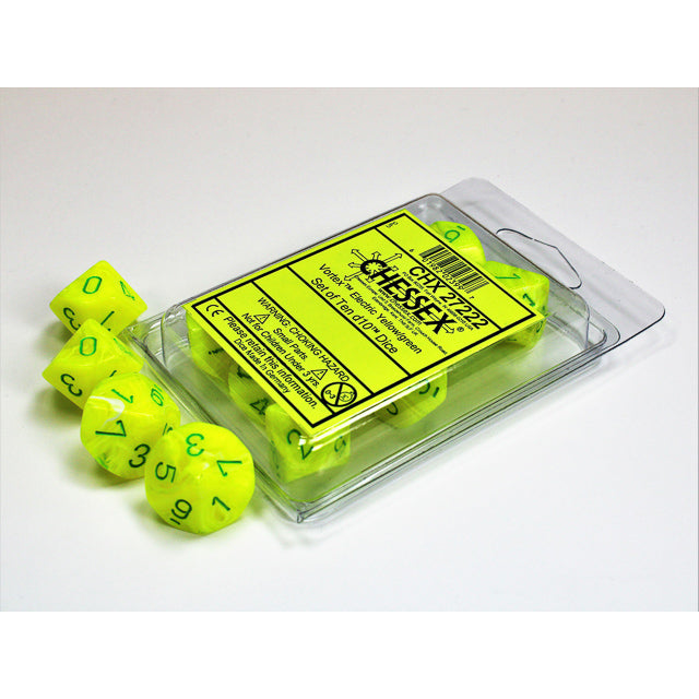 Vortex Electric Yellow w/green d10 Dice (10 dice) CHX27222 - Dice Sets & Games