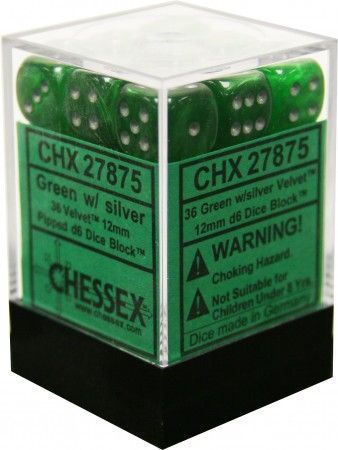 Velvet 12mm d6 Green w/silver Dice Block (36 dice) CHX27875