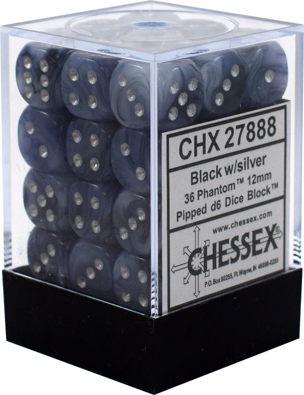 Phantom 12mm d6 Black w/silver Dice Block (36 dice) CHX27888