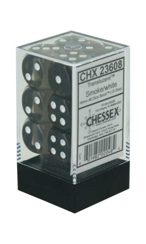 Translucent 16mm d6 Smoke/white Dice Block (12 dice) CHX23608