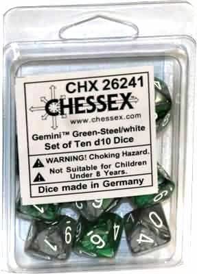 Gemini Green-Steel/white d10 Dice (10 dice) CHX26241