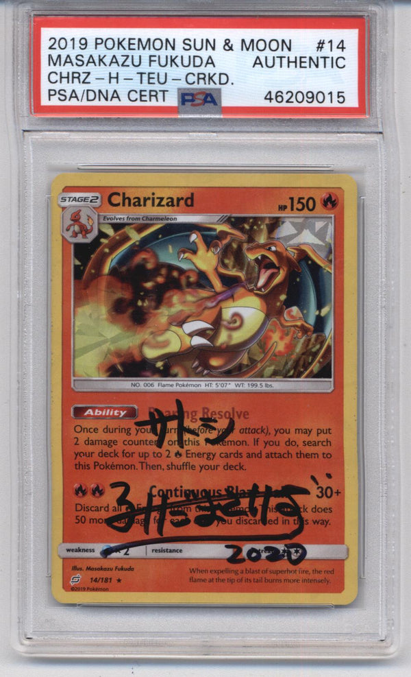 Masakazu Fukuda SIGNED Pokemon (2019)  Sun & Moon Team Up 14/181 Charizard Cracked Ice Holo Promo PSA/DNA