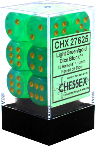 Borealis 16mm d6 Light Green/gold Dice Block (12 dice) CHX27625
