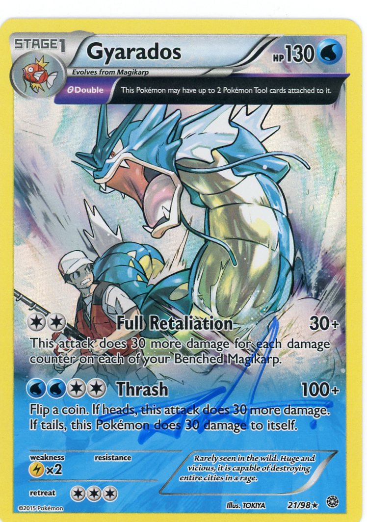 Tokiya SIGNED Pokémon - 2015 Ancient Origins XY 21/98 Gyarados [Reverse Holo] FULL ART - Autographed BLUE INK