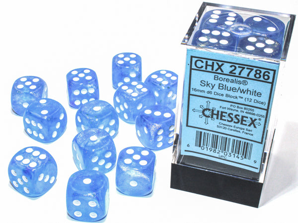 Borealis 16mm d6 Sky Blue/white Dice Block (12 dice) CHX27626