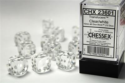 Translucent 16mm d6 Clear/white Dice Block (12 dice) CHX23601