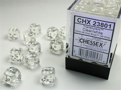 Translucent 12mm d6 Clear/white Dice Block (36 dice) CHX23801
