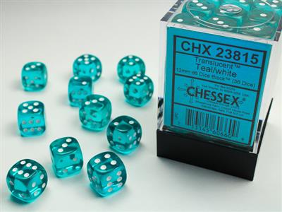 Translucent 12mm d6 Teal/white Dice Block (36 dice) CHX23815
