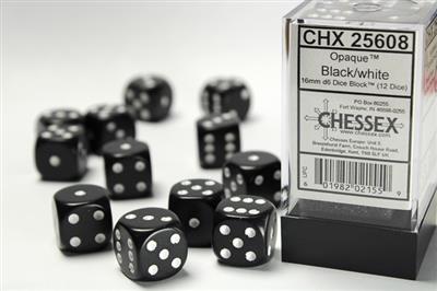 Opaque 16mm d6 Black/white Dice Block (12 dice) CHX25608