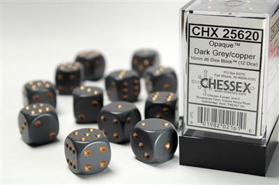 Opaque 16mm d6 Dark Grey/copper Dice Block (12 dice) CHX25620