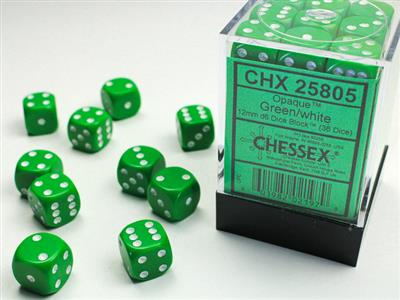 Opaque 12mm d6 Green/white Dice Block (36 dice) CHX25805