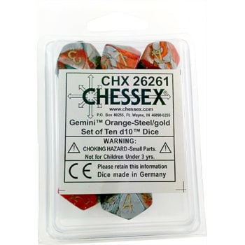 Gemini Orange-Steel/gold d10 Dice (10 dice) CHX26261