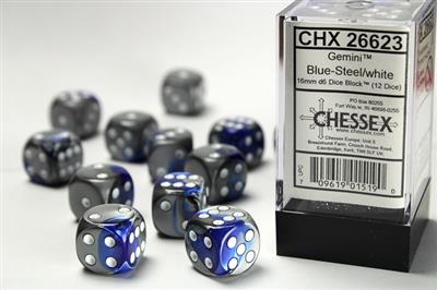 Gemini 16mm d6 Blue-Steel/white Dice Block (12 dice) CHX26623