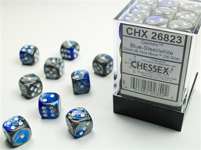 Gemini 12mm d6 Blue-Steel/white Dice Block (36 dice) CHX26823