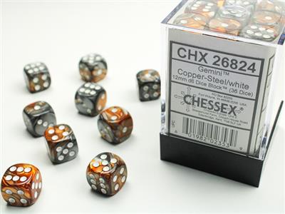 Gemini 12mm d6 Copper-Steel/white Dice Block (36 dice) CHX26824