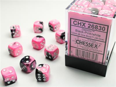 Gemini 12mm d6 Black-Pink/white Dice Block (36 dice) CHX26830