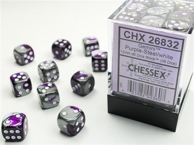 Gemini 12mm d6 Purple-Steel/white Dice Block (36 dice) CHX26832