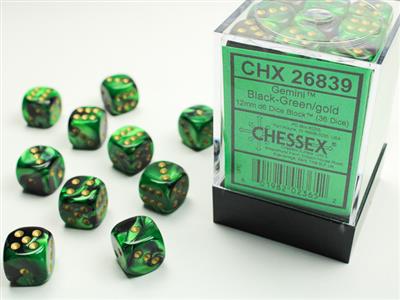 Gemini 12mm d6 Black-Green/gold Dice Block (36 dice) CHX26839