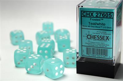 Frosted 16mm d6 Teal/white Dice Block (12 dice) CHX27605