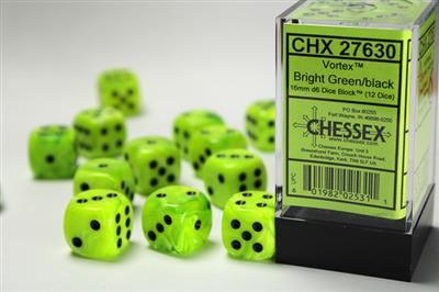 Vortex 16mm d6 Bright Green/black Dice Block (12 dice) CHX27630