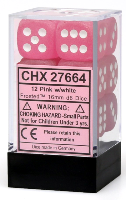 Frosted 16mm d6 Pink w/white Dice Block (12 dice) CHX27664
