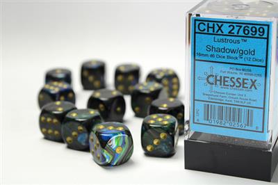 Lustrous 16mm d6 Shadow/gold Dice Block (12 dice) CHX27699